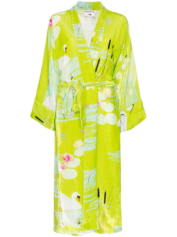 Bernadette Swan Print Belted Kimono - Green