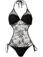 Amir Slama Lace Panel Swimsuit, Women's, Size: Medium, Black, Elastodiene