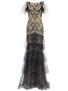 Marchesa Notte Flutter Sleeve Metallic Embroidered Gown - Black