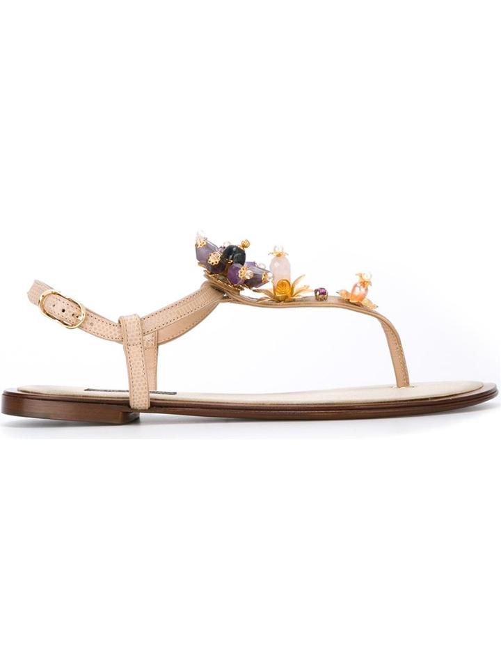 Dolce & Gabbana Embellished Sandals, Women's, Size: 37.5, Nude/neutrals, Calf Leather/leather/glass/metal Other