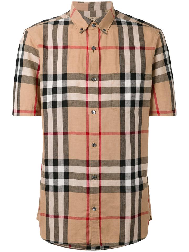 Burberry - House Check Short Sleeve Button Down Shirt - Men - Cotton/linen/flax - S, Nude/neutrals, Cotton/linen/flax