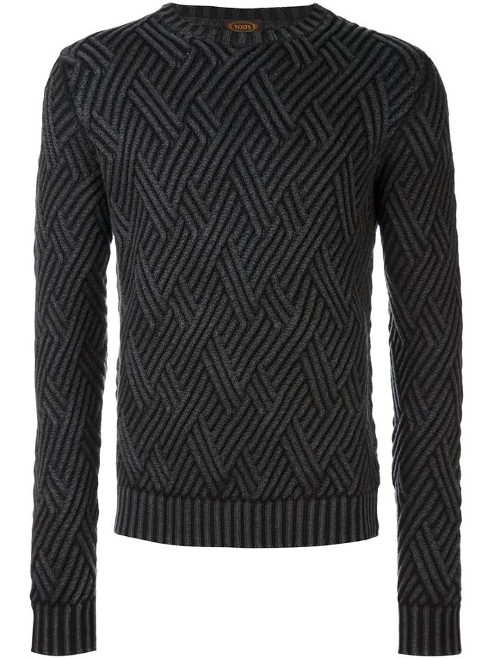 Tod's Diamond Knit Sweater, Men's, Size: Large, Grey, Merino