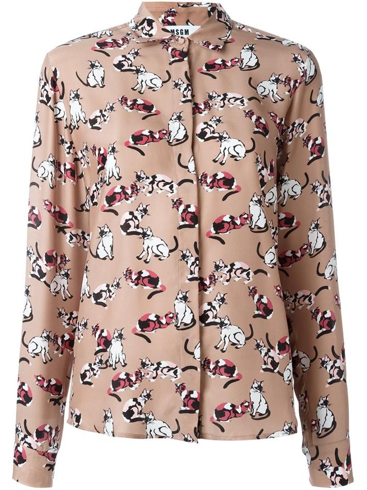 Msgm Cat Print Shirt, Women's, Size: 46, Brown, Silk/cotton