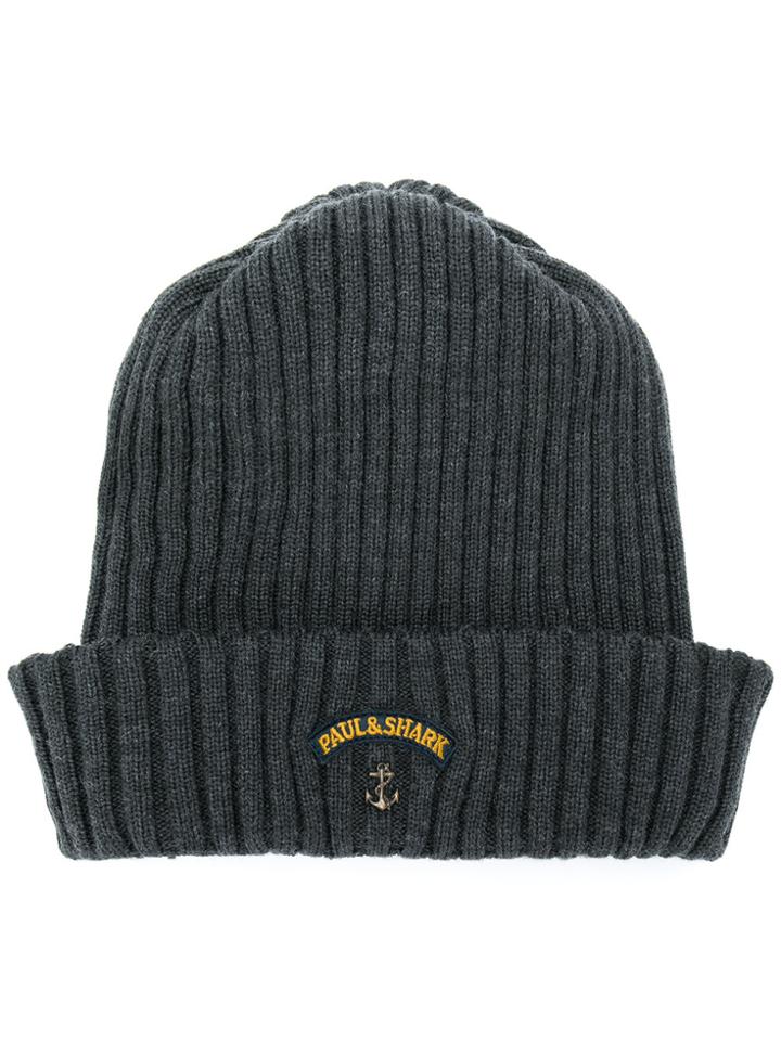 Paul & Shark Logo Patch Beanie Hat - Grey