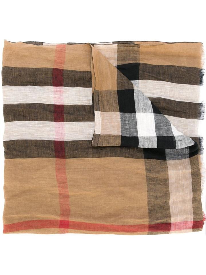 Burberry Checked Scarf, Men's, Brown, Linen/flax