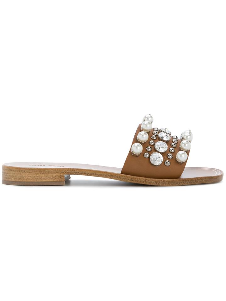 Miu Miu Pearl Embellished Sliders - Brown