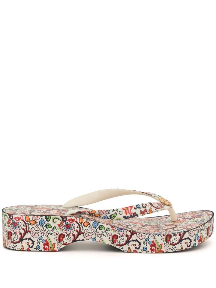 Tory Burch Printed Carved-wedge Flip-flops - White
