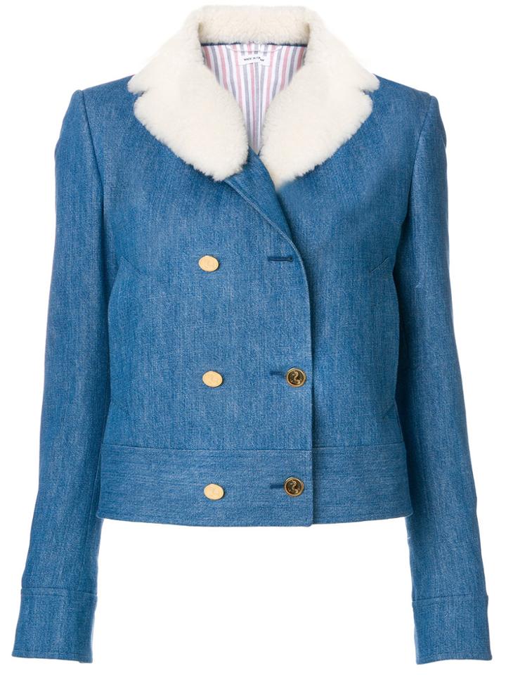Thom Browne Shearling Collar Cropped Denim Jacket - Blue