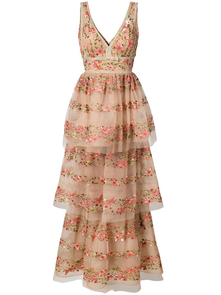 Marchesa Notte Layered Floral Dress - Nude & Neutrals