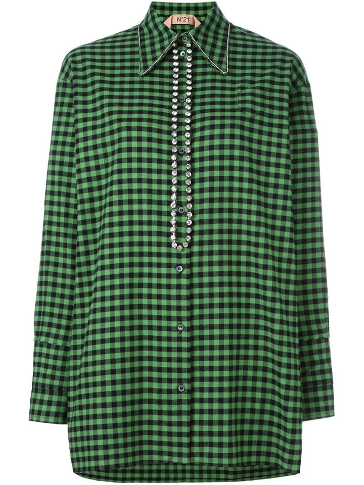 No21 Checked Embellished Blouse, Women's, Size: 40, Green, Cotton/metal/glass
