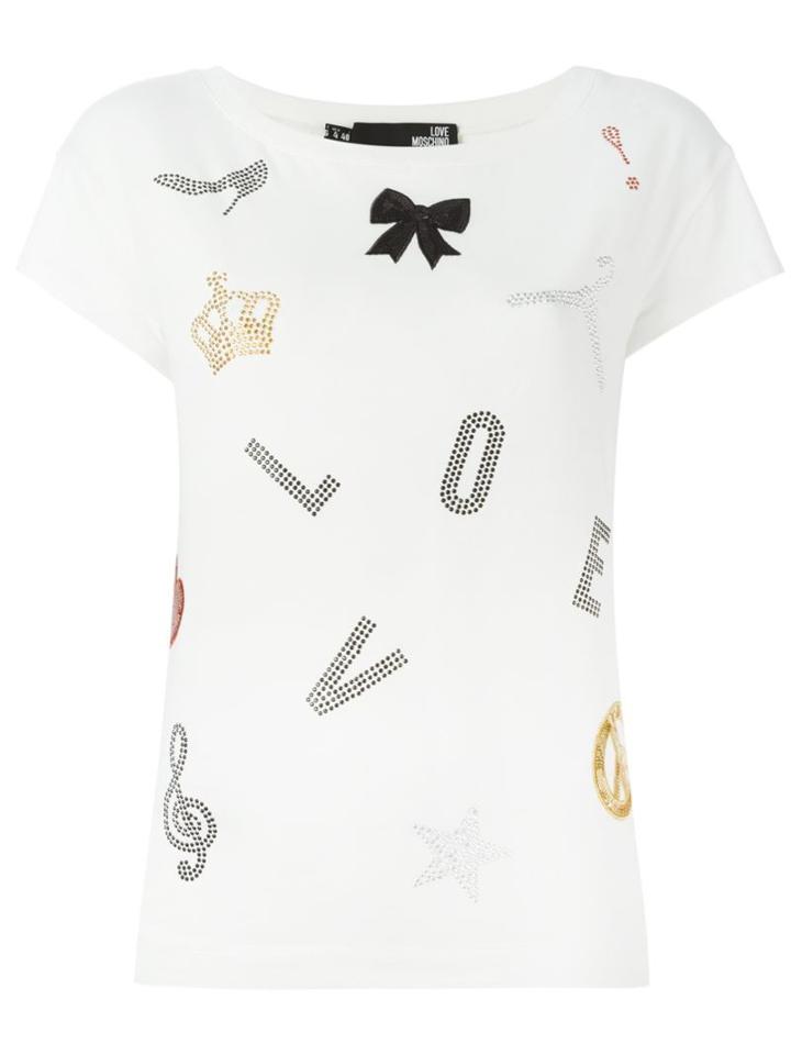 Love Moschino Multi Stamp T-shirt, Women's, Size: 40, White, Cotton/spandex/elastane/pvc