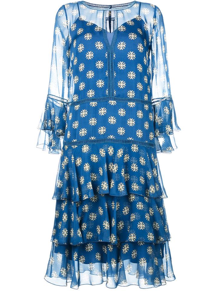 Alberta Ferretti Ruffle Dress With Keyhole Neckline, Women's, Size: 42, Blue, Silk