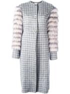 Agnona Fur Sleeve Jacquard Coat, Women's, Size: 40, Grey, Wool/alpaca/cashmere/silk