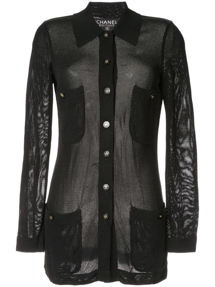 Chanel Vintage Cc Logo Button Mesh Cardigan - Black