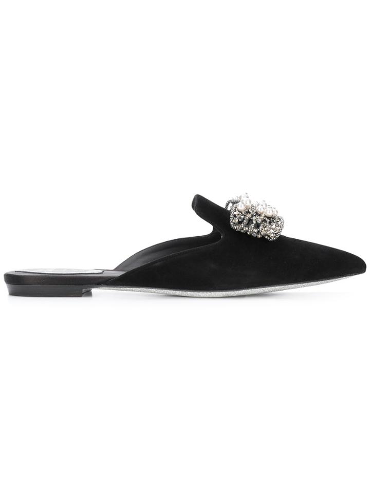 René Caovilla Bejewelled Bow Mules - Black