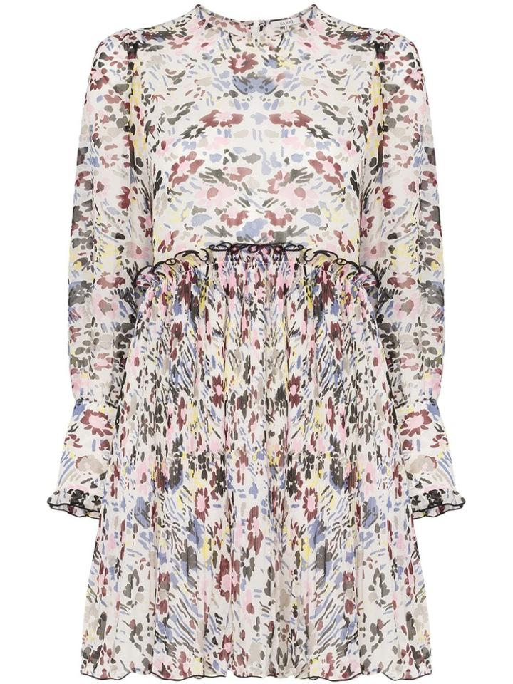Ganni Floral Print Ruffled Mini Dress - Blue