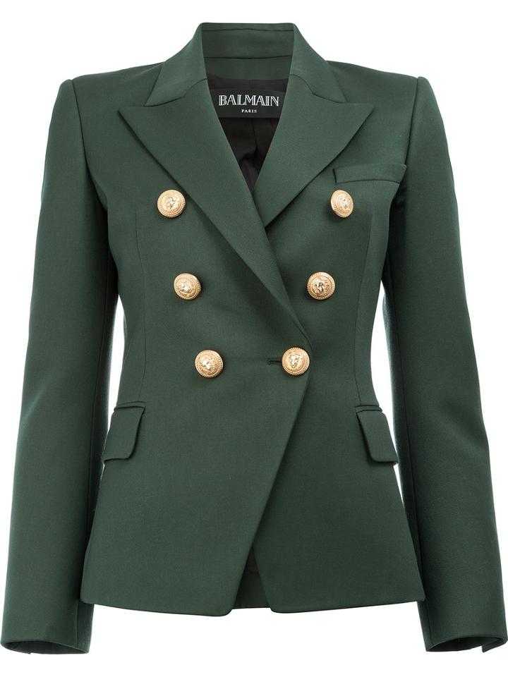 Balmain Peaked Lapel Blazer, Women's, Size: 38, Green, Cotton/viscose/wool