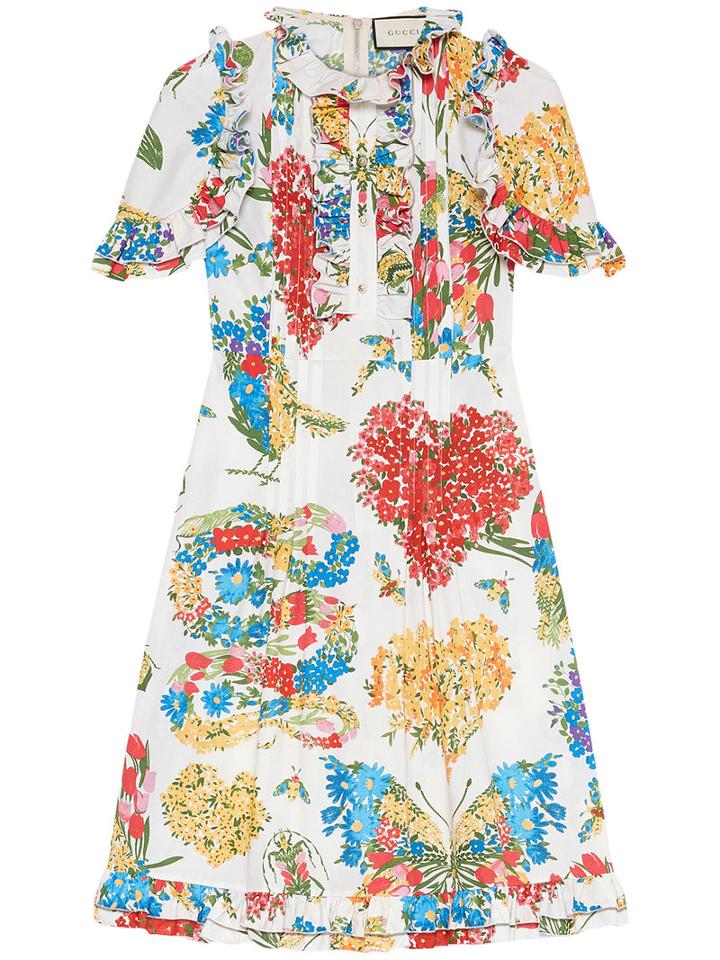 Gucci - Corsage Print Cotton Dress - Women - Cotton - 38, White, Cotton