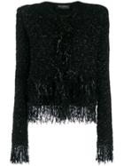 Balmain Collarless Fringed Tweed Jacket - Black