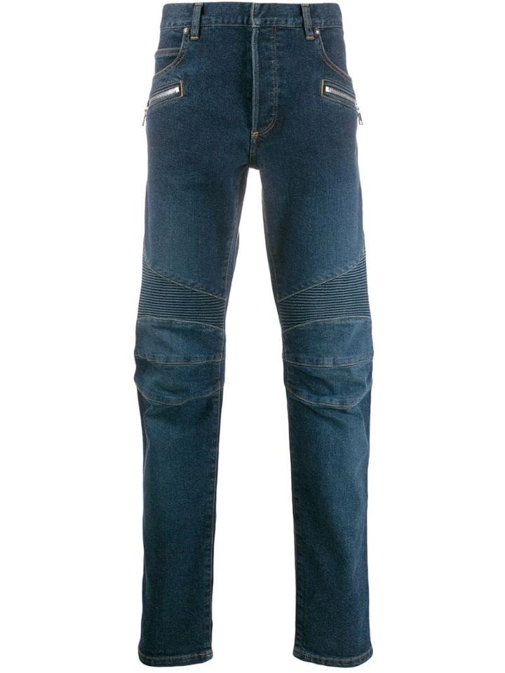 Balmain Quilted Detailed Straight Jeans - Blue