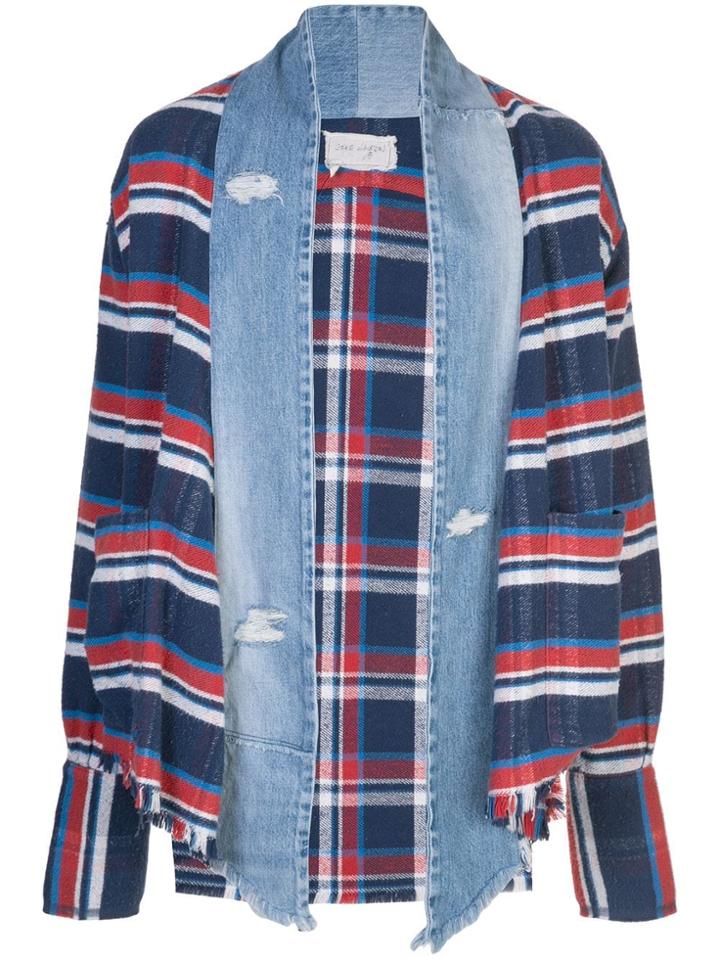 Greg Lauren Striped Denim Cardigan - Blue