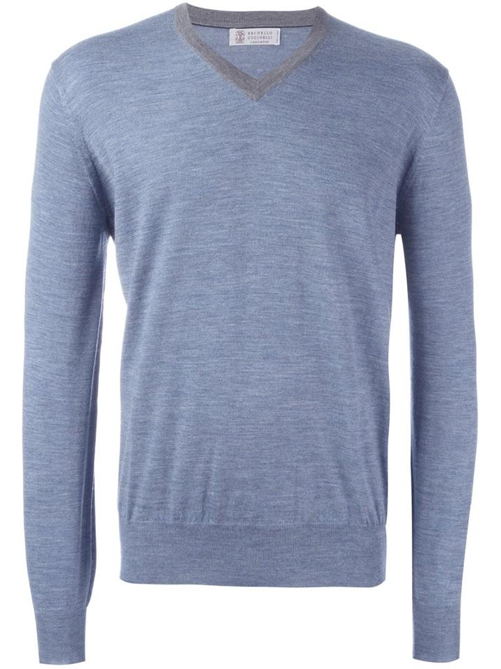 Brunello Cucinelli V-neck Jumper, Men's, Size: 46, Blue, Cashmere/wool