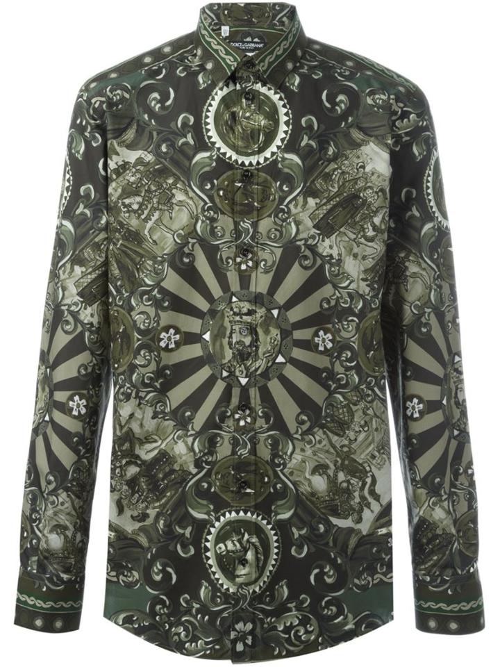 Dolce & Gabbana Carretto Siciliano Print Shirt, Men's, Size: 39, Green, Cotton