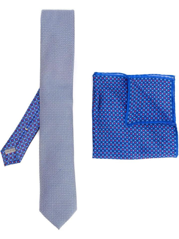 Canali Printed Tie And Handkerchief - Blue