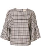 Erika Cavallini - Checked Trumpet Sleeve Top - Women - Polyester/viscose - 40, Nude/neutrals, Polyester/viscose