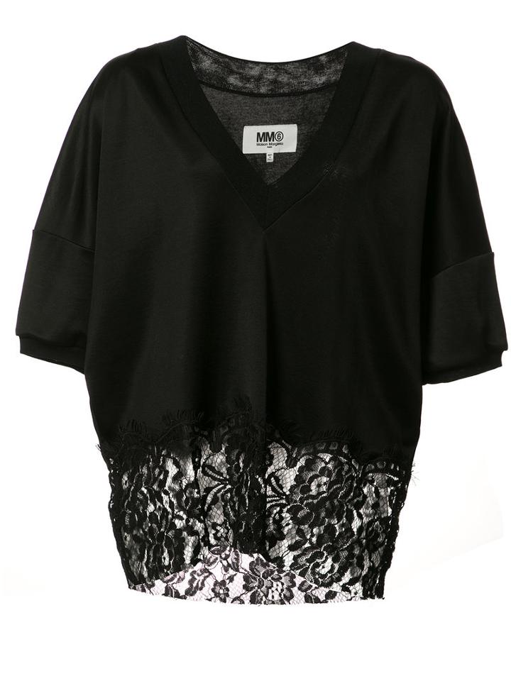 Mm6 Maison Margiela Lace Hem Blouse, Women's, Size: Large, Black, Cotton/viscose/polyimide