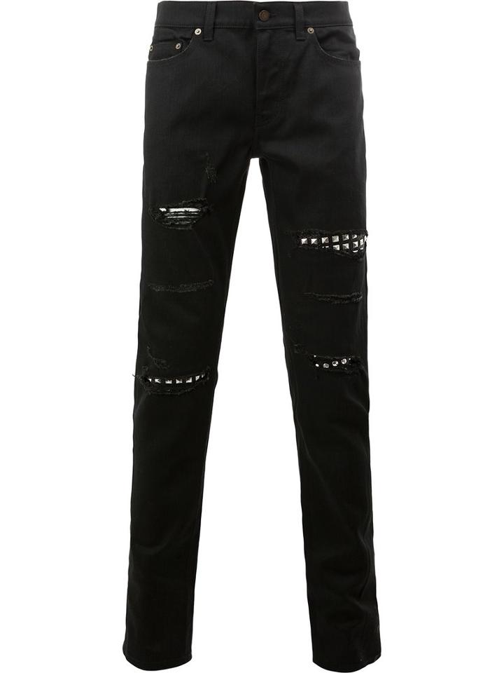 Saint Laurent Distressed Slim Fit Jeans, Men's, Size: 31, Black, Cotton/spandex/elastane