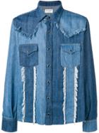 Saint Laurent Frayed Details Patchwork Denim Shirt - Blue