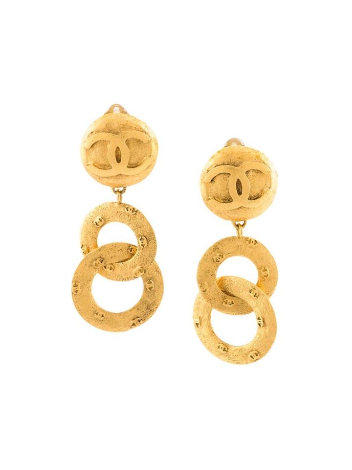 Chanel Vintage Brushed Dangle Clip-on Earrings, Women's, Metallic