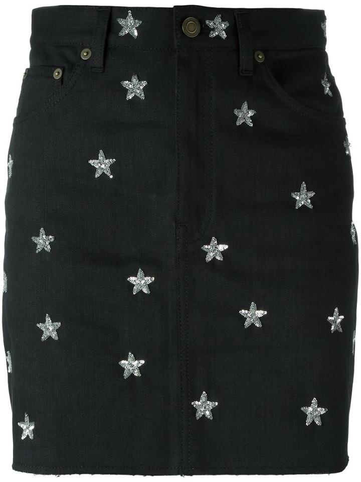 Saint Laurent Star Embroidered Denim Skirt, Women's, Size: 25, Black, Cotton/spandex/elastane/pvc