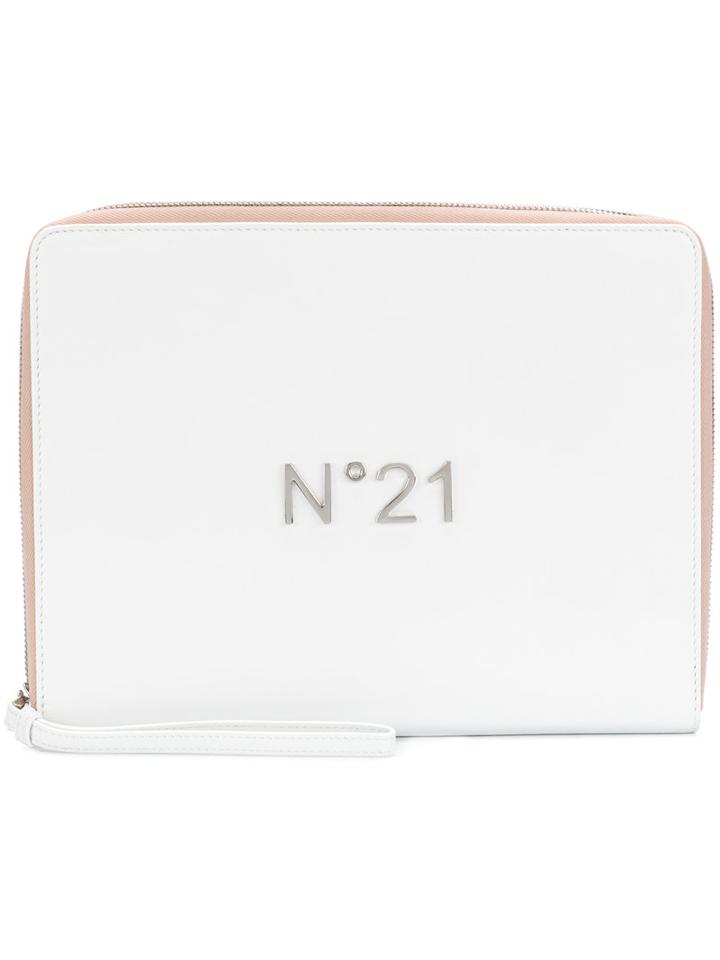 No21 - Logo Plaque Zipped Clutch - Women - Leather - One Size, White, Leather