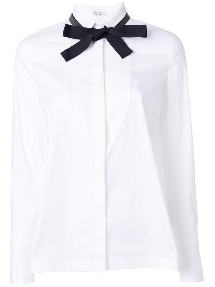 Brunello Cucinelli - Tied Narrow Collar Shirt - Women - Cotton/polyamide/spandex/elastane - M, White, Cotton/polyamide/spandex/elastane
