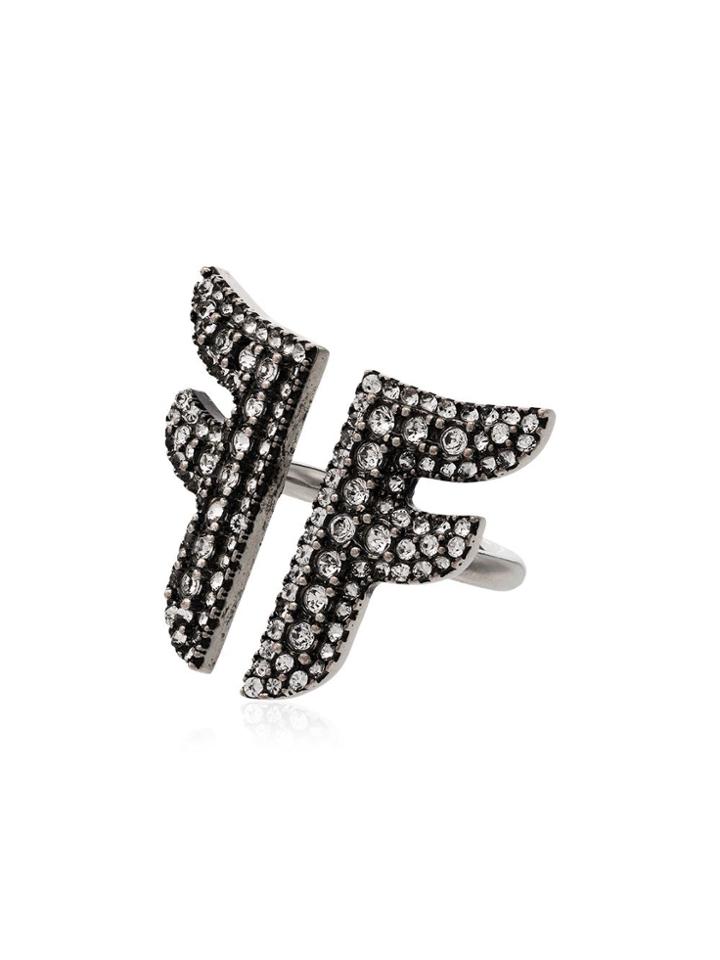 Fendi Flying F Crystal-embellished Logo Ring - Metallic