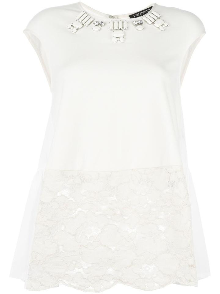 Twin-set Embellished Lace Panel T-shirt, Women's, Size: 42, White, Viscose/spandex/elastane/polyamide/cotton