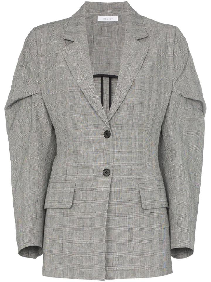Delada Puff Sleeve Check Linen Blend Blazer - Grey