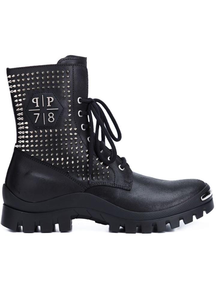 Philipp Plein Studded Combat Boots, Men's, Size: 44, Black, Leather/rubber/metal Other