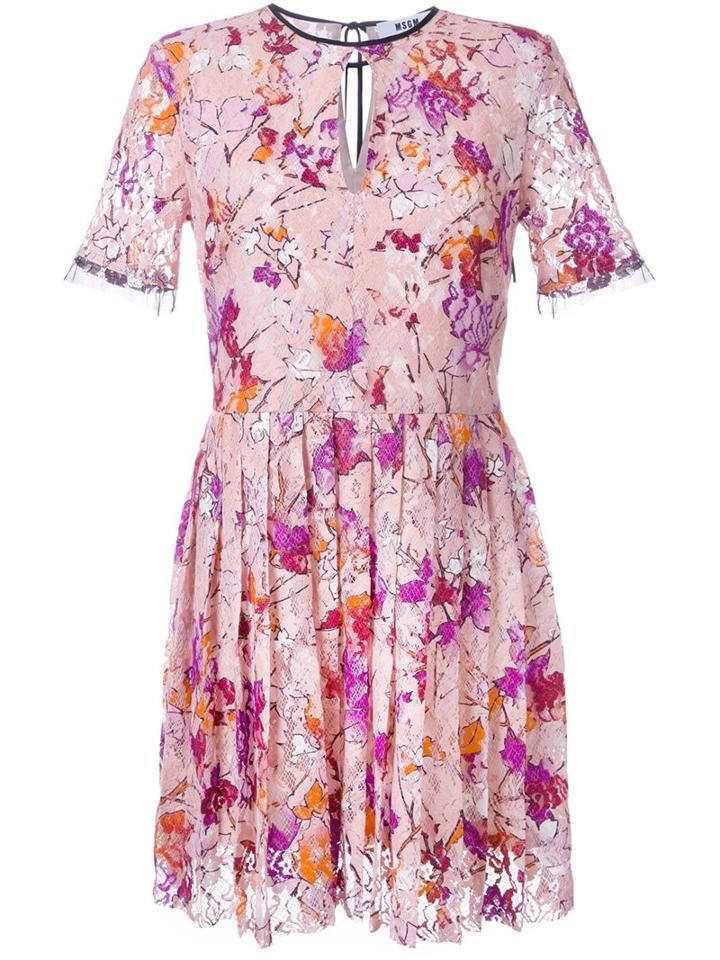 Msgm Leaf Print Lace Dress, Women's, Size: 42, Pink/purple, Cotton/polyamide