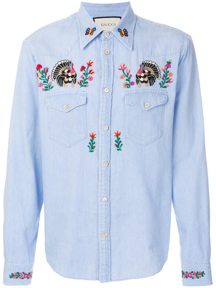 Gucci Embroidered Denim Shirt - Blue