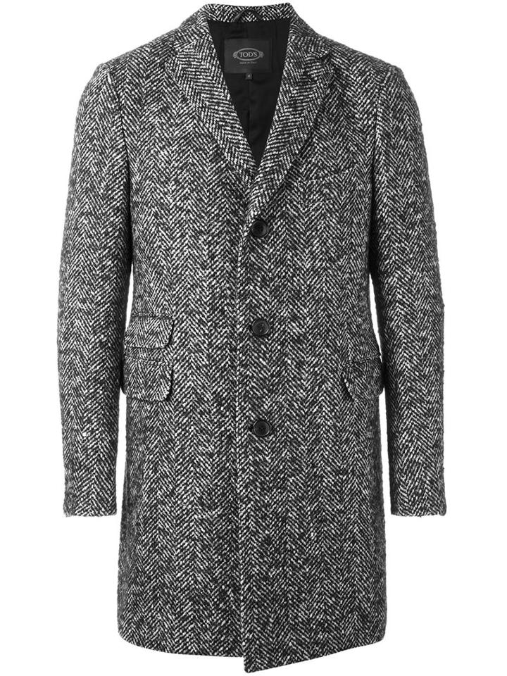 Tod's Herringbone Coat, Men's, Size: Large, Black, Polyester/spandex/elastane/viscose/virgin Wool
