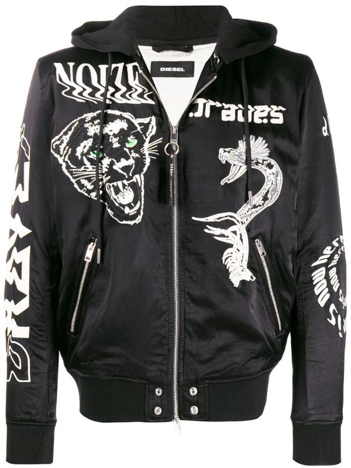 Diesel Embroidered Satin Bomber Jacket - Black