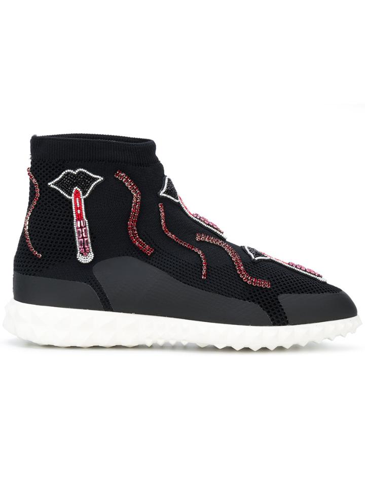 Valentino Lipstick Embroidered Sneakers - Black