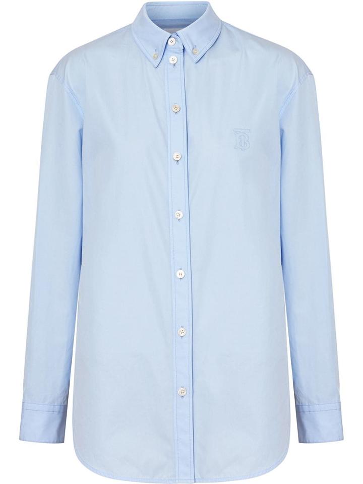 Burberry Button-down Collar Monogram Motif Cotton Shirt - Blue