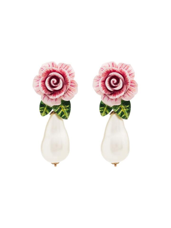 Dolce & Gabbana Multicoloured Rose And Pearl Drop Earrings