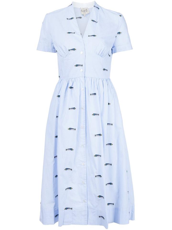 Sea Embroidered Fish Dress, Women's, Size: 4, Blue, Cotton