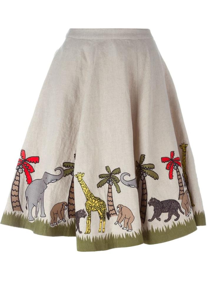 Alice+olivia Embroidered Animals Skirt, Women's, Size: 4, Nude/neutrals, Linen/flax/polyester/spandex/elastane