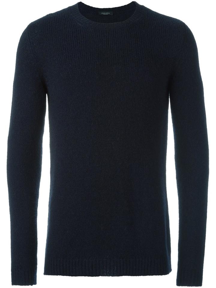 Roberto Collina Round Neck Pullover, Men's, Size: 52, Blue, Nylon/camel Hair/merino
